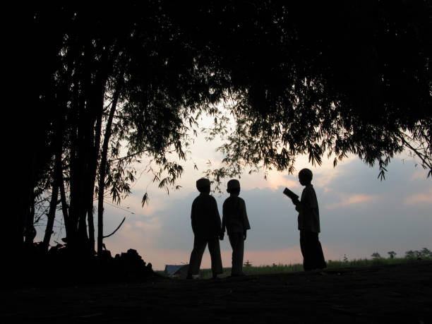 Silhouette of teens dancing and partying on a summer evening with the twilit sky behind