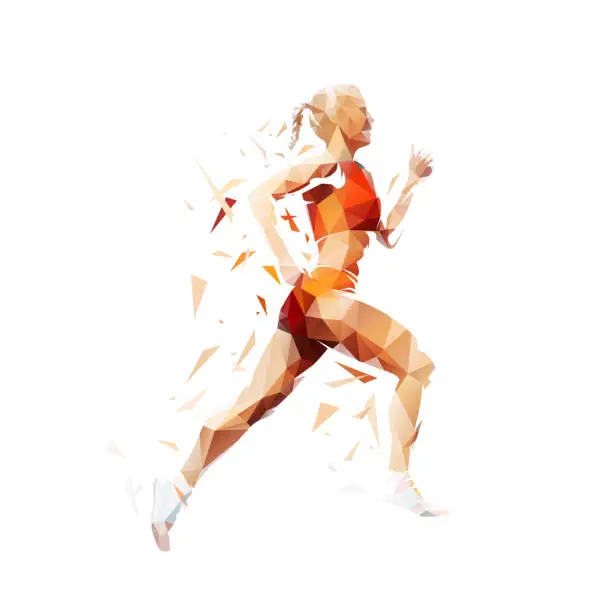 Vector illustration of Run, running woman, isolated low poly vector illustration, side view