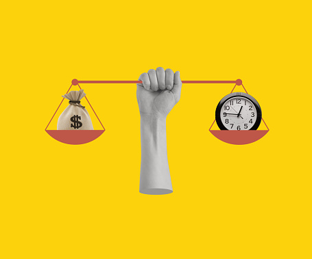 Contemporary art collage with hand holding scales with a clock and a bag of money. Balance between time and making money. Modern design. Copy space.