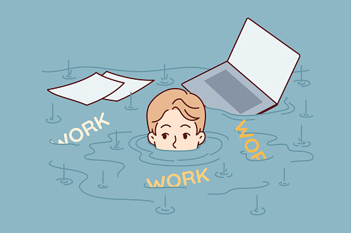Man is drowning in work with documents and laptop, needing time management to solve problem of overwork and overload. Concept of importance of delegating authority to employees to relieve overload