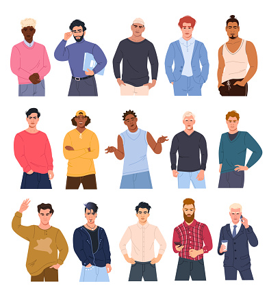 Vector set of male characters in different poses. A group of multinational men from different cultures in a fashionable flat design style. Collection of illustrations with beautiful guys