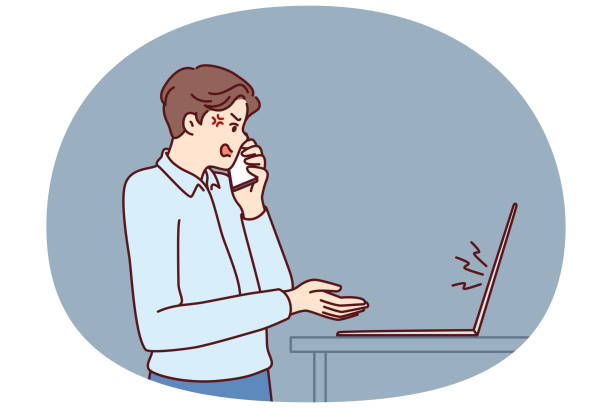 Dissatisfied manager makes phone call standing near laptop and quarreling due to errors in report Dissatisfied manager makes phone call standing near laptop and quarreling with employees due to errors in financial report. Crazy boss angry after computer crash quarreling with support staff laptop hover stock illustrations