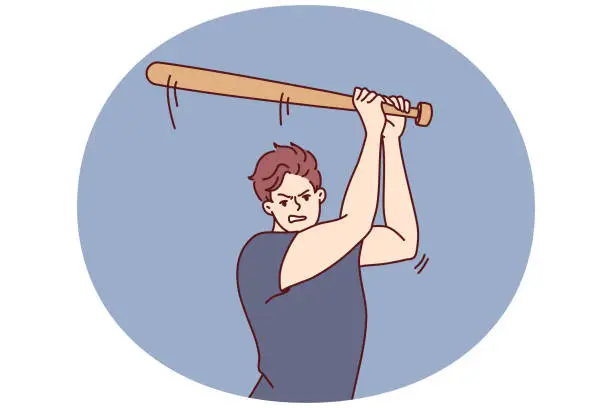 Vector illustration of Aggressive guy attacks people using baseball bat as weapon, wanting to beat and injure opponent