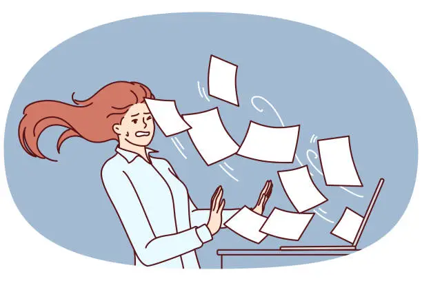 Vector illustration of Woman working overtime is having trouble with large volume of documents or email flying out laptop