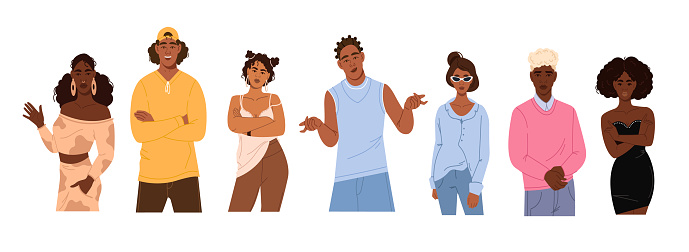 Vector set of modern diverse, stylish African American men and women in different poses. A group of modern African American young people in a flat style on a white background