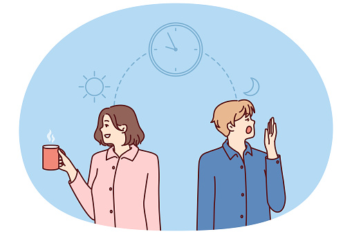 Man and woman experience problems and feel excessive fatigue in early morning or insomnia in evening. Guy and girl in pajamas are standing near clock symbolizing insomnia and breaking sleep cycles