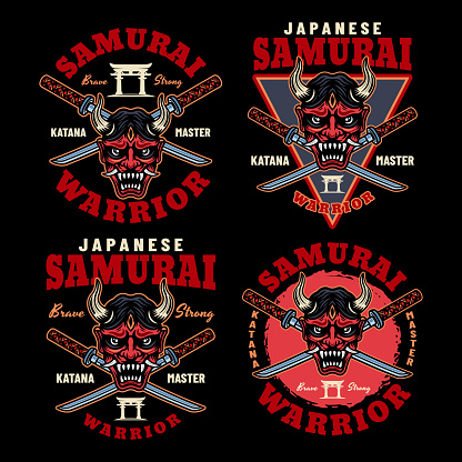 Samurai Label Activity Samurai Set Of Vector Colored Emblems Badges Labels On Dark Background ...