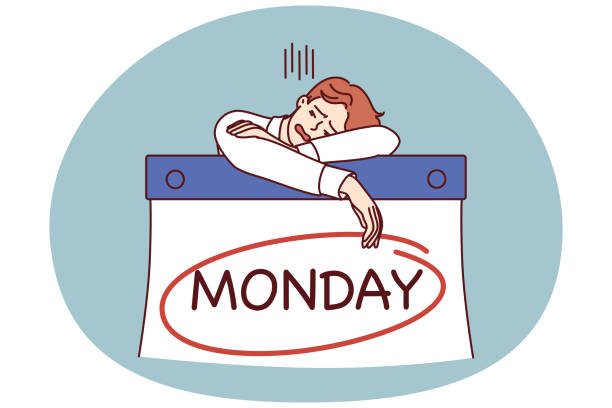 Man workaholic sleeps leaning on giant calendar with inscription Monday feeling burned Man sleeps leaning on giant calendar with inscription Monday feeling burned out due to high intensity work. Concept burnout associated with tight deadlines and workaholism entailing health problems monday night stock illustrations
