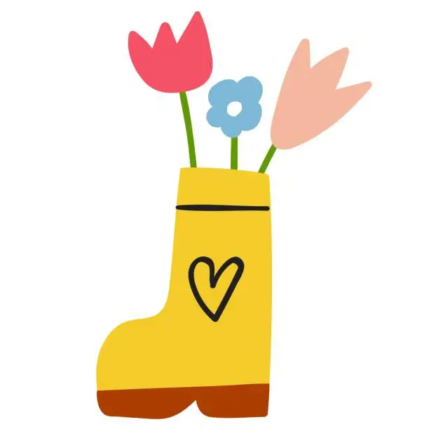 Vector illustration of Rubber shoe with flowers. Spring season. Flat design.