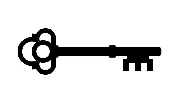 Old key vector house icon logo. Old key silhouette antique lock illustration Old key vector house icon logo. Old key silhouette antique lock illustration. black family crest stock illustrations