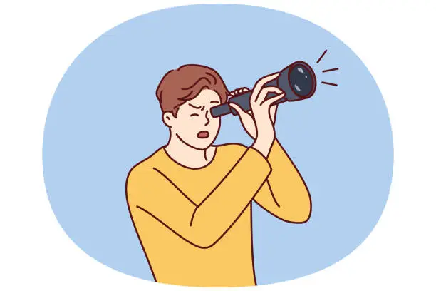 Vector illustration of Guy is looking through spyglass while looking at sights or watching rare astronomical phenomenon