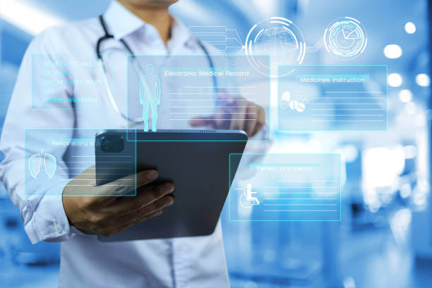 Electronic medical Electronic medical record system EMR medical technology concept with doctor using tablet to records patient information and personal health history electronic medical record stock pictures, royalty-free photos & images