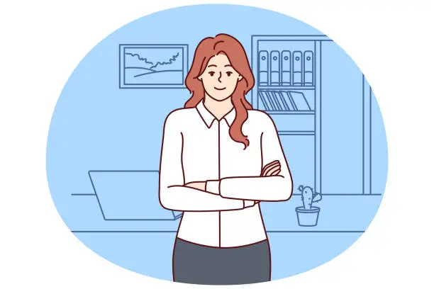 Vector illustration of Successful woman office worker stands with arms crossed near desktop and looks at screen