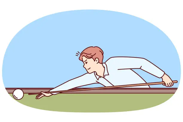 Vector illustration of Man plays billiards leaning over table with cue in hands and taking aim, to put ball into hole