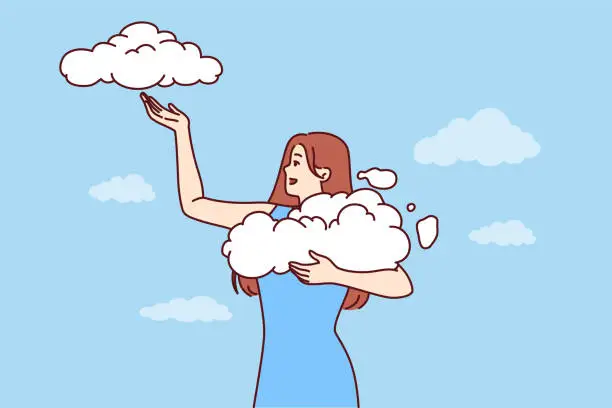 Vector illustration of Woman takes clouds from sky, enjoying clear weather available thanks to clean environment