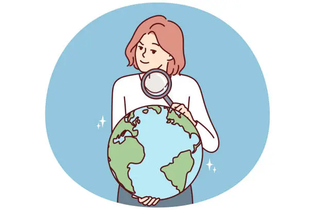 Vector illustration of Woman with magnifying glass holds globe studying geography or choosing place for further travel