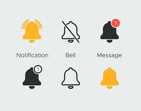 Notification bell icons. New message, incoming inbox. Alarm clock and smartphone application alert sign business symbols. Fully editable vector stroke.