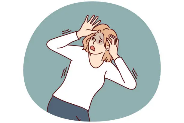 Vector illustration of Frightened woman panicking and trying to dodge covering head with hands feeling danger and threat