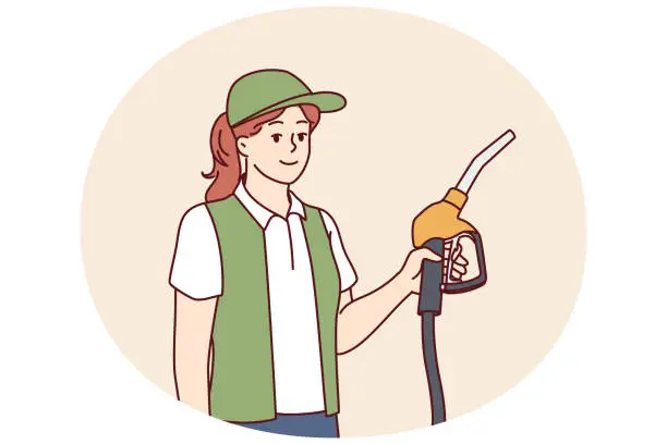 Vector illustration of Woman serving customers at refueling station holding nozzles for refilling oil tank