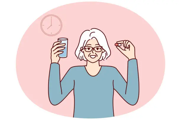 Vector illustration of Elderly woman with pill and glass of water stands near clock following doctor prescriptions