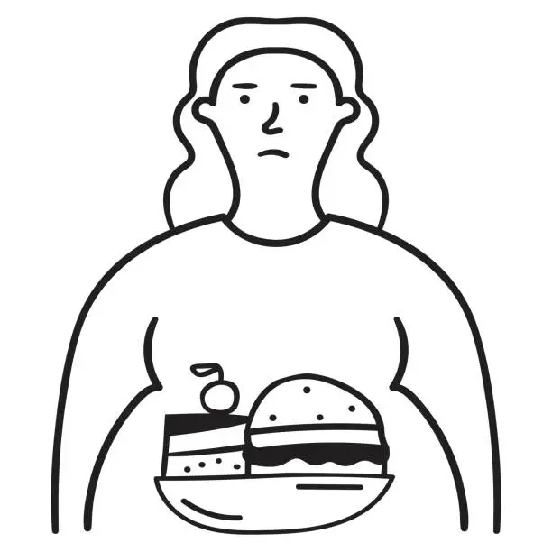 Vector illustration of Obesity. Unhealthy eating. Sad young woman. Outline icon.
