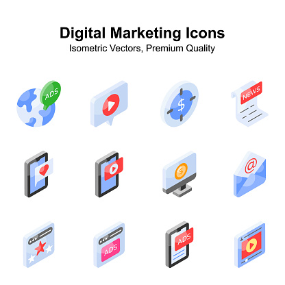 Creatively crafted digital marketing isometric vectors set, ready to use in websites and mobile apps