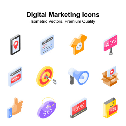 Digital marketing isometric icons set isolated on white background