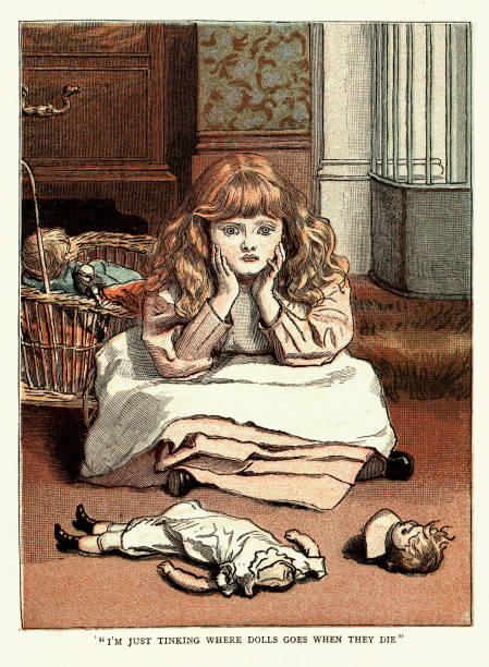 Vintage illustration Little girl with her broken doll, 1880s, History, Victorian 19th Century.