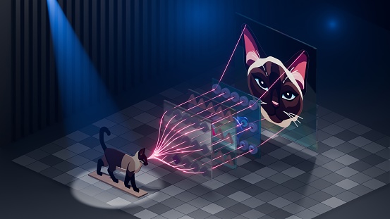 Artificial Neural Network Work Principle : Visualization of Image Recognition Process, Convolutional type, Cat Engages with Holographic Self-learning systems, 3D rendering