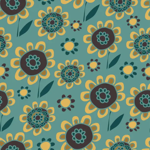 Vector illustration of Sunflower meadow on blue