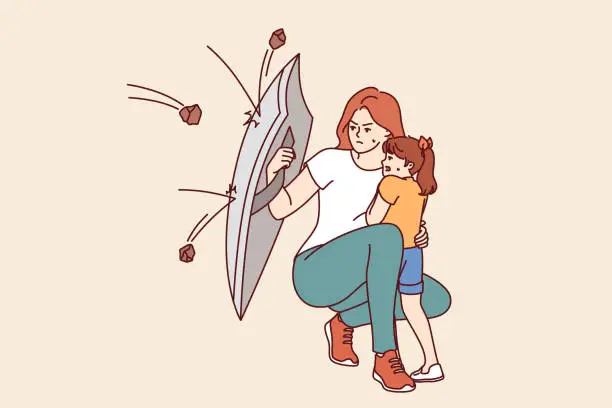 Vector illustration of Mother protects little daughter from flying stones using steel shield, demonstrating courage