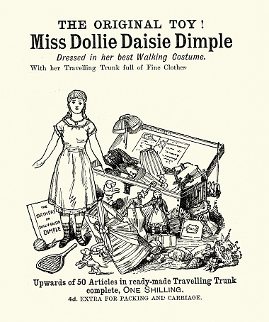 Vintage illustration Children's toy, Miss Dollie Daisie Dimple doll with travelling trunk, Victorian Art 19th Century.