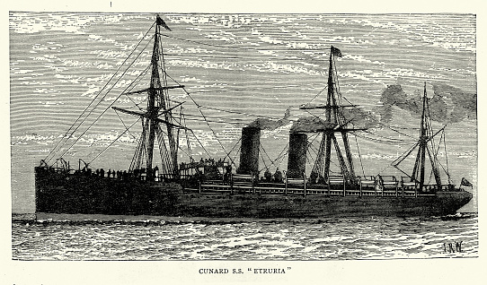 Vintage illustration RMS Etruria a transatlantic ocean liner built in in 1884 for Cunard Line, Maritime history, Victorian, 19th Century.