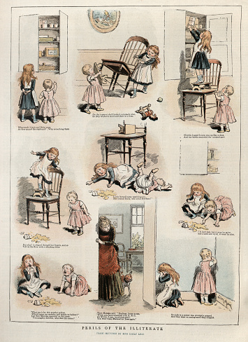 Vintage illustration Victorian cartoon, Perils of the illiterate, Children mistaking mustard for jam, 1880s, History, Victorian 19th Century.