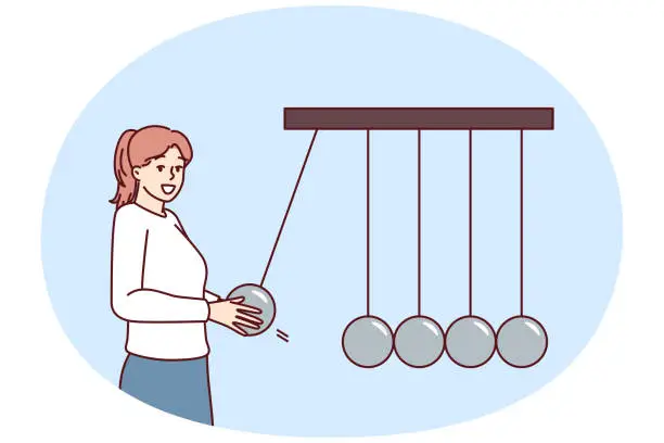 Vector illustration of Businesswoman near Newton giant cradle symbolizing business management and employee motivation