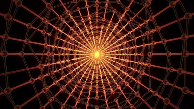 Flying through a hot tunnel made of bright spheres and plexus of glowing lines on a shiny dark background. 3D animation of abstract structure for visualization of modern technology. 4k , 60 fps