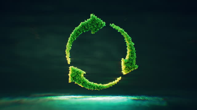 A symbol of arrows in a circle made up of lush green translucent leaves that are backlit against a dark blue background. Concept of reusability and environmental friendliness. 3d rendering.