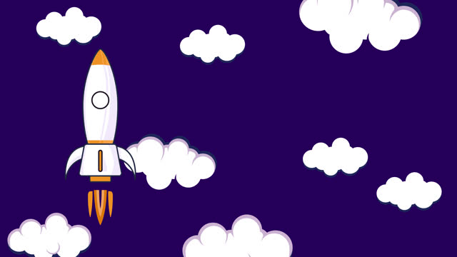 flat rocket animation video design. rocket ship in the sky among the clouds. motion graphic illustration