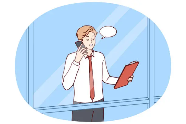 Vector illustration of Man head of corporation is talking on phone negotiating, view from behind window skyscraper