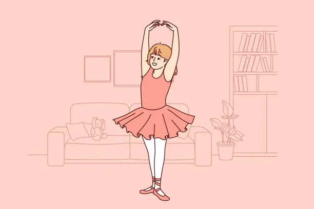 Vector illustration of Little ballerina dreams of ballet, and practices dancing, dressed in dress and pointe shoes