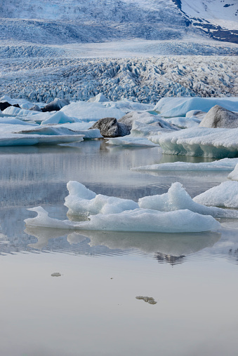 Icebergs melting in Fjallsárlón glacier lagoon with the Vatnajökull glacier in the background