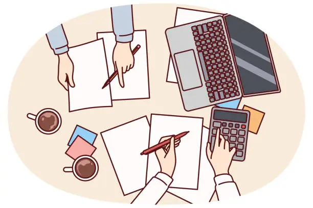 Vector illustration of Hands of accountants doing financial accounting over table with documents and calculator, top view