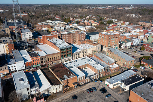 Petersburg Virginia - February 19 2024: Aerial View of Historic Buildings and Businesses in Downtown Petersburg