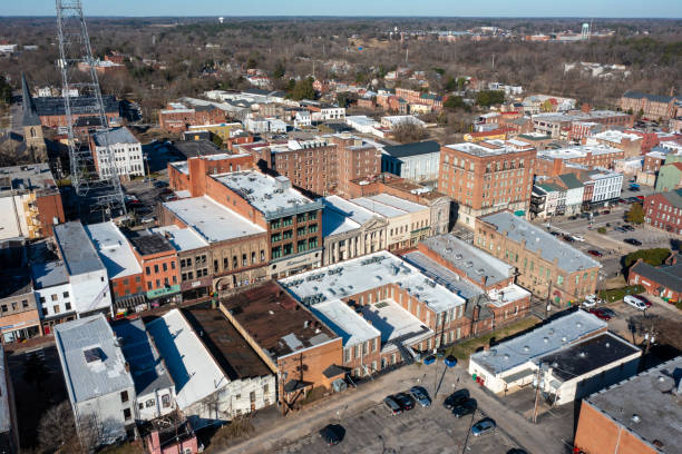 aerial view of historic buildings and businesses in downtown petersburg - petersburg virginia imagens e fotografias de stock