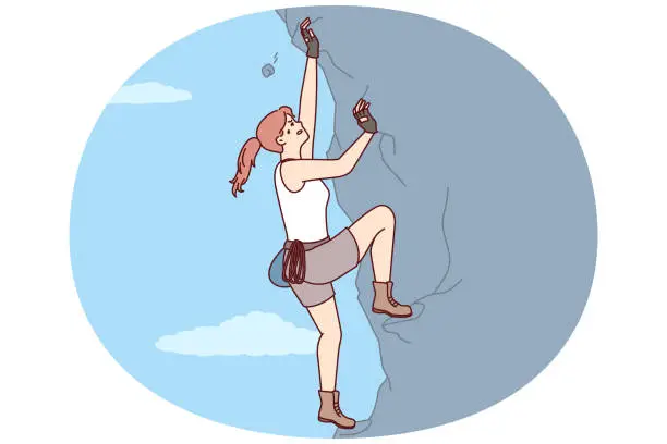 Vector illustration of Woman climbs steep cliff to conquer difficult peak without insurance and set new record