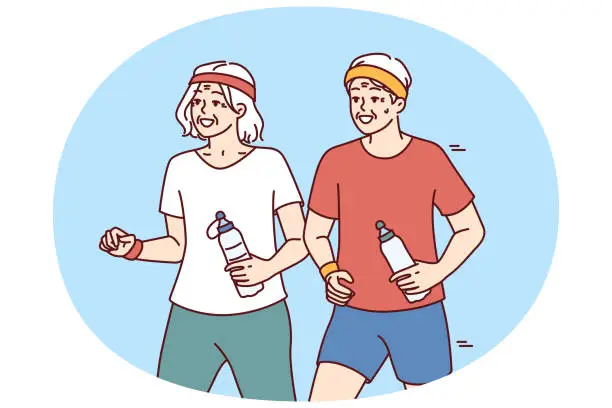 Vector illustration of Elderly couple running and exercising outdoors having fun after retirement and enjoy active old age