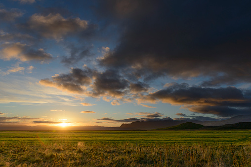 View on the Skaftafell National Park in the Vatnajokull National Park in Iceland during a sunset.
