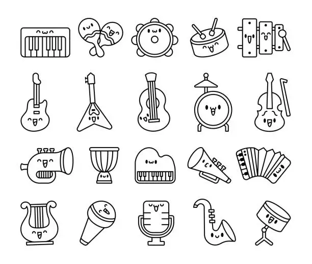 Vector illustration of Cute musical instruments with happy face. Coloring Page. Cartoon kawaii character. Funny music stuff. Hand drawn style. Vector drawing. Collection of design elements.
