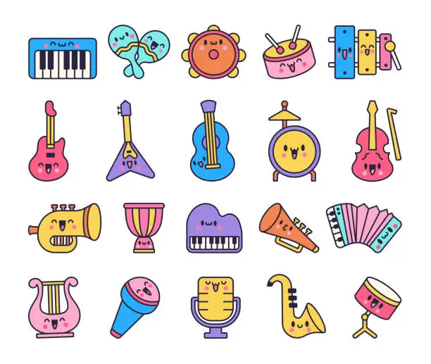 Vector illustration of Cute musical instruments with happy face. Cartoon kawaii character. Funny music stuff. Hand drawn style. Vector drawing. Collection of design elements.