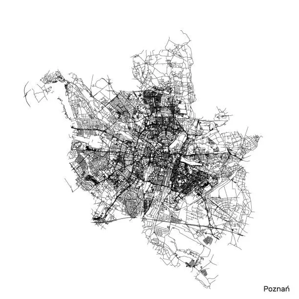 Vector illustration of Poznan city map with roads and streets, Poland. Vector outline illustration.